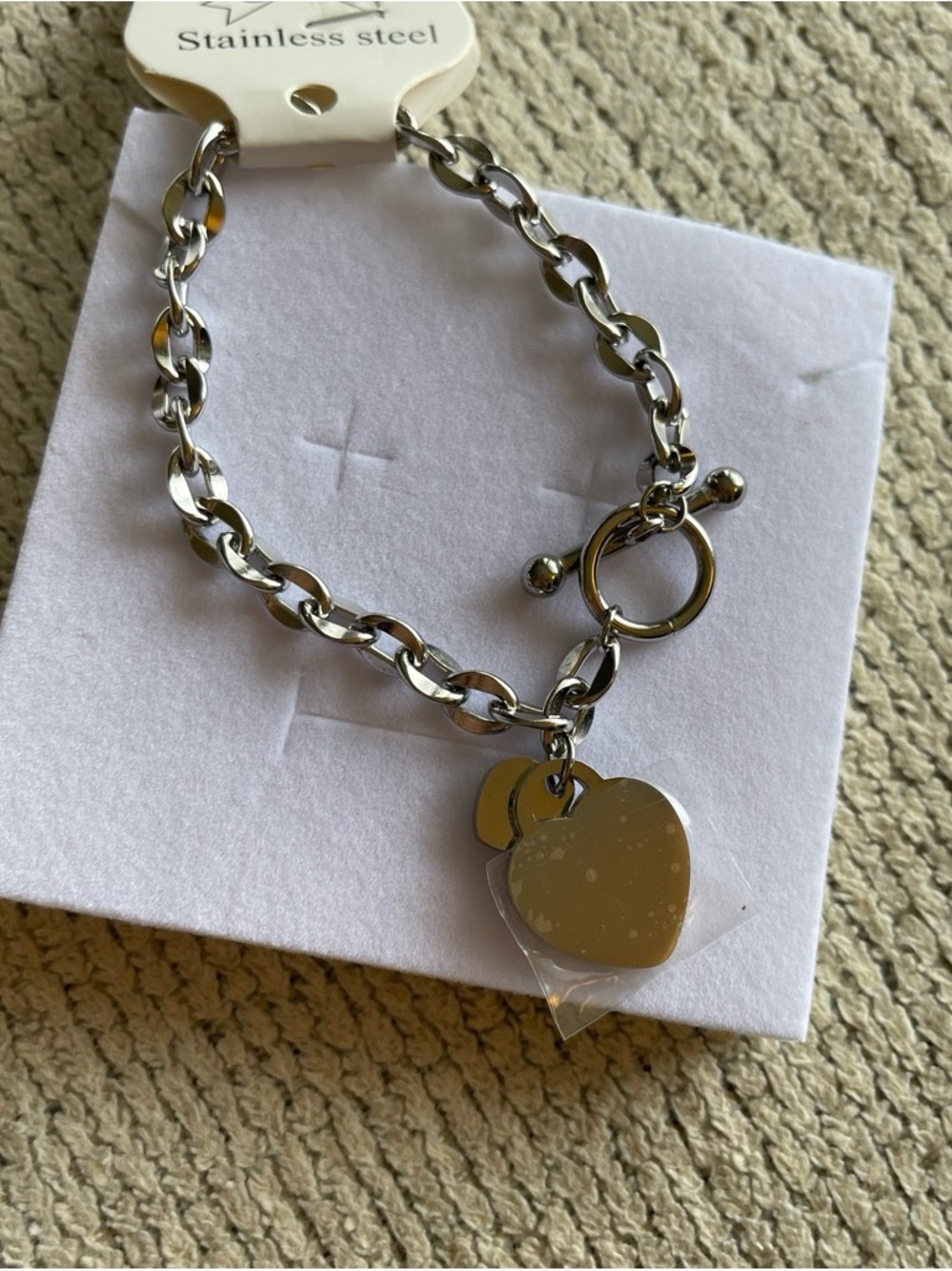 Stainless Steel Silver Heart Charm Toggle Bracelet